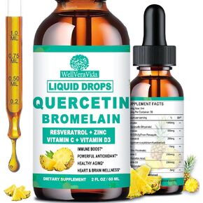 Quercetin with Bromelain Liquid Drops, 4X Stronger Than Capsules & Pills, 7-in-1 Organic Zinc Quercetin 1000mg with Bromelain 500mg Vitamin C D3 Immune Complex for Respiratory Health & Antioxidant