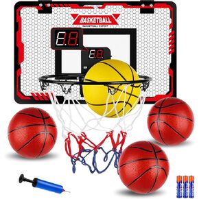 Beyn Indoor Mini Basketball Hoop for Kids，Over-The-Door Basketball Hoop with 4 Balls and Electronic Scoreboard Including Batteries，Suitable for Boys and Girls - Basketball Toy Gift, Red