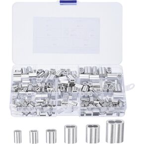 uxcell Aluminum Crimping Loop Sleeve 6 Size 3/64'' 1/16'' 5/64'' 3/32'' 1/8'' 5/32'' Double Ferrule for Wire Rope Cable Line End, Silver 250pcs