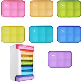 7 Piece Set Pill Organizer 6 Times a Day, Weekly Pill Case, Pill Organizer with Labels, Travel Pill Dispenser 7 Day with 42 Copartments for Medication/Vitamin/Fish Oil/Supplements - Rainbow Colors