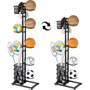 Basketball Ball Storage Rack Garage Sports Equipment Organizer Garage 7 Tier Basketball Holder Ball Rack with Hooks and Basket