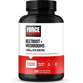FORCE FACTOR Beetroot + Mushrooms Supplement for Great Health, Beet Root Capsules with 7 Functional Mushrooms, Lion’s Mane, Cordyceps, & More, Soy Free, Non-GMO, 120 Capsules