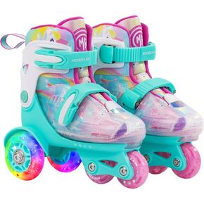 METROLLER Adjustable Kids Balance Roller Skates for Toddler Ages 3-6 Rainbow Unicorn Illuminating Rollerskates for Girls Ages 5-8 Three-Point Type Suitable for Beginners Children