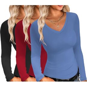 Ekouaer Womens 3 Pack Long Sleeve Shirts V Neck Slim Fit Lightweight Layer Tops 2024 Fall Clothes Thermal Undershirts