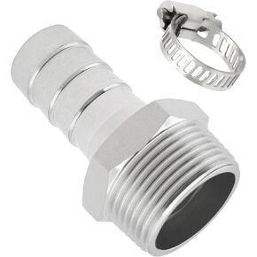 1pc Stainless Steel 304 Hose Barb Fitting 1-1/4" Barbed x 1-1/4" NPT Male Straight Adapter with A Hose Clamp