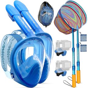 Kids Snorkel Mask | Snorkle Snorkeling Gear with Camera Mount | Extendable Telescopic Landing Fishing Net & Snorkeling Mask Combo Set Anti-Fog Anti-Leak