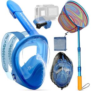 Kids Snorkel Mask | Snorkle Snorkeling Gear with Camera Mount | Extendable Telescopic Landing Fishing Net & Snorkeling Mask Combo Set Anti-Fog Anti-Leak
