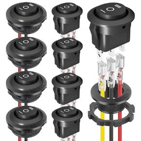 Waterproof Round Rocker Switch, 3 Way Round Rocker Switch, AC 125V 10A AC 250V 6A Waterproof Toggle Switch, 8 Pack Toggle Switch, Rocker Switch, with 4 Pack Shell and 24 Pack Terminal Wire