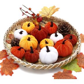 12 pcs Velvet Pumpkins Fall Decoration - Assorted Autumn Fabric Pumpkins, Artificial Fake Pumpkins for Bowl Filler Farmhouse Halloween Thanksgiving Home Table Decor, Gray/Ochre/Olive Green/Brown