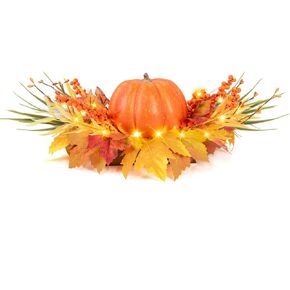 Artificial Pumpkin with Berry and Maple Leaf for Autumn Thanksgiving Table Decor with LEDs Fall Centerpiece in Wooden Box Indoor Outdoor Farmhouse Harvest Home Decor