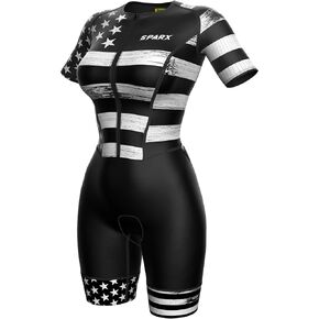 Sparx Aero Triathlon Suit Women Short Sleeve Tri Suit Women Running Swimming Cycling Skinsuit (Black & White Flag, Large)