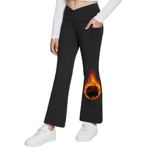 BALEAF Girls Fleece Lined Flare Leggings with Pockets Thermal Yoga Pants Bell Bottom Dance Tights Kids Athletic