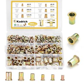 Kadrick Rivet Nut Kit, 260pcs SAE Nut Assortment Kit Galvanized Carbon Steel Flat Head Threaded Insert Nuts, Sizes 6-32 8-32 10-24 1/4"-20 5/16"-18 3/8"-16
