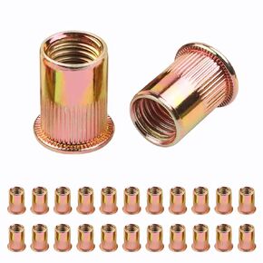 Rivet Nuts, FOREVTL 100 Pieces 10-32 UNC Carbon Steel Flat Head Rivnut Threaded Insert Nut, Knurled Body (M10-32)