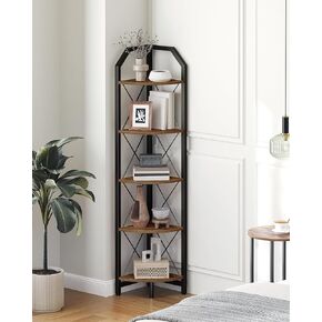 59.4" Corner Shelf, 5-Tier Industrial Corner Bookshelf, Corner Storage Stand, Plant Stand Display Shelf, Corner Bookcase for Bedroom, Living Room, Home Office, Rustic Brown and Black TCJ10BF