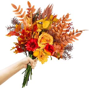 Artificial Fall Flowers Bouquets, 21.6" Autumn Fake Silk Orange Flowers Wedding Bouquets with Fall Florals Stems for Bridal Bridesmaid, Rustic Home Thanksgiving Table Centerpiece Decor