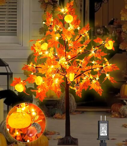 [ 8 Modes & Timer ] 4 Ft Fall Artificial Lighted Maple Tree, 63 LED Prelit Fall Decor Maple Tree 7 Pumpkin Lights 7 Acorns Lights Plug in Indoor Outdoor Autumn Thanksgiving Harvest Fall Decorations in Saudi Arabia