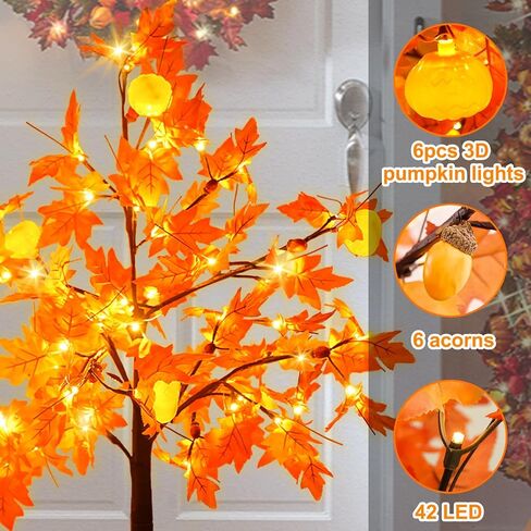 [ 8 Modes & Timer ] 4 Ft Fall Artificial Lighted Maple Tree, 63 LED Prelit Fall Decor Maple Tree 7 Pumpkin Lights 7 Acorns Lights Plug in Indoor Outdoor Autumn Thanksgiving Harvest Fall Decorations in Saudi Arabia