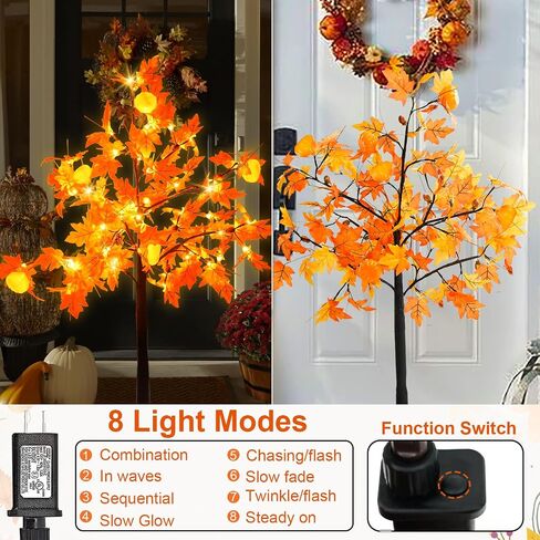 [ 8 Modes & Timer ] 4 Ft Fall Artificial Lighted Maple Tree, 63 LED Prelit Fall Decor Maple Tree 7 Pumpkin Lights 7 Acorns Lights Plug in Indoor Outdoor Autumn Thanksgiving Harvest Fall Decorations in Saudi Arabia