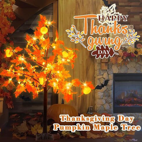 [ 8 Modes & Timer ] 4 Ft Fall Artificial Lighted Maple Tree, 63 LED Prelit Fall Decor Maple Tree 7 Pumpkin Lights 7 Acorns Lights Plug in Indoor Outdoor Autumn Thanksgiving Harvest Fall Decorations in Saudi Arabia