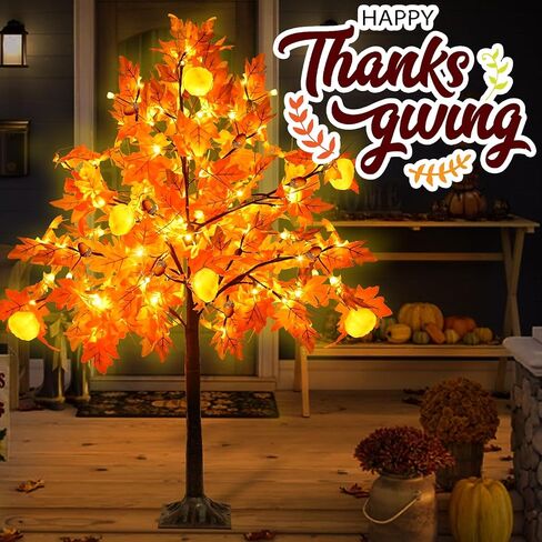 [ 8 Modes & Timer ] 4 Ft Fall Artificial Lighted Maple Tree, 63 LED Prelit Fall Decor Maple Tree 7 Pumpkin Lights 7 Acorns Lights Plug in Indoor Outdoor Autumn Thanksgiving Harvest Fall Decorations in Saudi Arabia