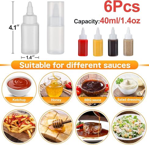 6 قطع زجاجة كاتشب صغيرة لصندوق الغداء - زجاجات ضغط بهارات 40 مل مع مخرج يمكن التحكم فيه، محمولة للسفر والشواء والمدرسة والمكتب والنزهة والأطفال والكبار ملحقات الغداء بينتو in Kuwait