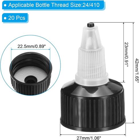 PATIKIL 20/410 Twist Bottle Caps, 20Pcs Plastic Ribbed Edge Squeeze Bottle Replacement Caps with Foam Gasket for Paint Lids Glue Dispensing Bottles, Black in Saudi Arabia