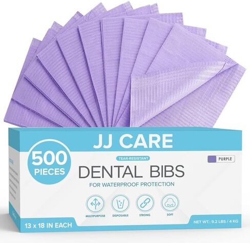 JJ CARE Dental Bibs [Pack of 500] - 13" x 18" Purple Dental Bibs, 3 Ply Waterproof Dentist Bibs, Dental Bibs Disposable for Eyelash Extension, Patient Bibs for Nail Art, Dental Napkins for Piercing in Kuwait