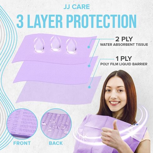 JJ CARE Dental Bibs [Pack of 500] - 13" x 18" Purple Dental Bibs, 3 Ply Waterproof Dentist Bibs, Dental Bibs Disposable for Eyelash Extension, Patient Bibs for Nail Art, Dental Napkins for Piercing in Kuwait