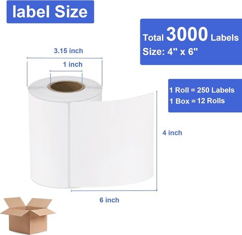 4" x 6" Direct Shipping Thermal Labels, 3000 Labels/12 Rolls（250 Pcs per Roll）Strong Adhesive Sticker Perforated Labels, Commercial Grade, Compatible with Thermal Printers in Saudi Arabia