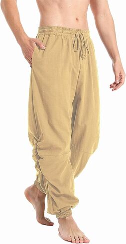 perdontoo Mens Casual Cotton Linen Pant Elastic Waist Drawstring Yoga Jogger Pants in Saudi Arabia