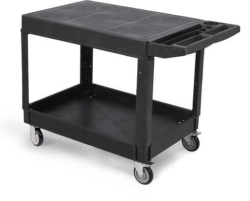 Utility Service Cart Flat top, 550 LBS Heavy Duty Plastic Rolling Utility Cart with 360°Swivel Wheels (2 with Brakes), 2 Shelves Work Cart Ergonomic Storage Handle for Warehouse Garage in Saudi Arabia