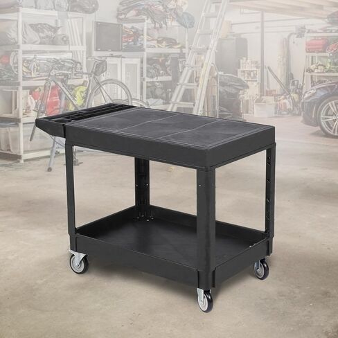 Utility Service Cart Flat top, 550 LBS Heavy Duty Plastic Rolling Utility Cart with 360°Swivel Wheels (2 with Brakes), 2 Shelves Work Cart Ergonomic Storage Handle for Warehouse Garage in Saudi Arabia