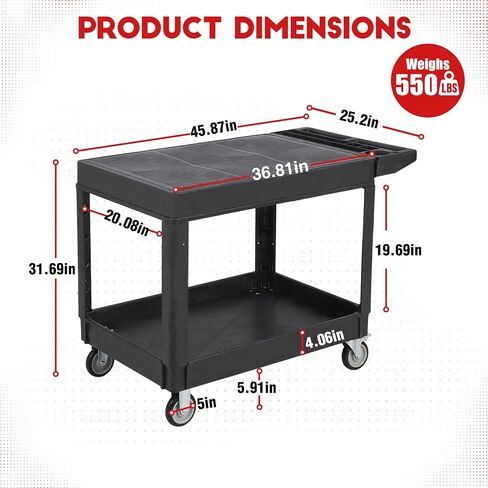 Utility Service Cart Flat top, 550 LBS Heavy Duty Plastic Rolling Utility Cart with 360°Swivel Wheels (2 with Brakes), 2 Shelves Work Cart Ergonomic Storage Handle for Warehouse Garage in Saudi Arabia