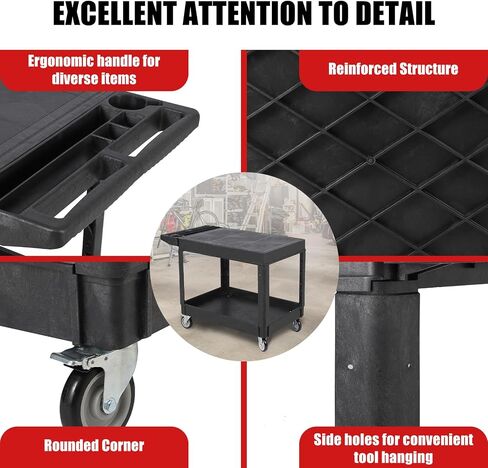 Utility Service Cart Flat top, 550 LBS Heavy Duty Plastic Rolling Utility Cart with 360°Swivel Wheels (2 with Brakes), 2 Shelves Work Cart Ergonomic Storage Handle for Warehouse Garage in Saudi Arabia