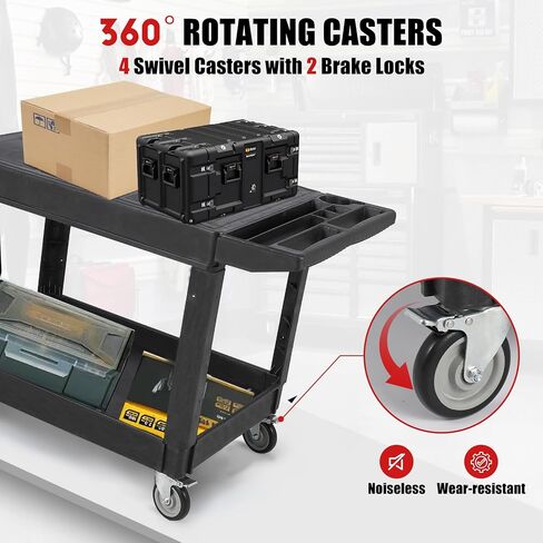Utility Service Cart Flat top, 550 LBS Heavy Duty Plastic Rolling Utility Cart with 360°Swivel Wheels (2 with Brakes), 2 Shelves Work Cart Ergonomic Storage Handle for Warehouse Garage in Saudi Arabia