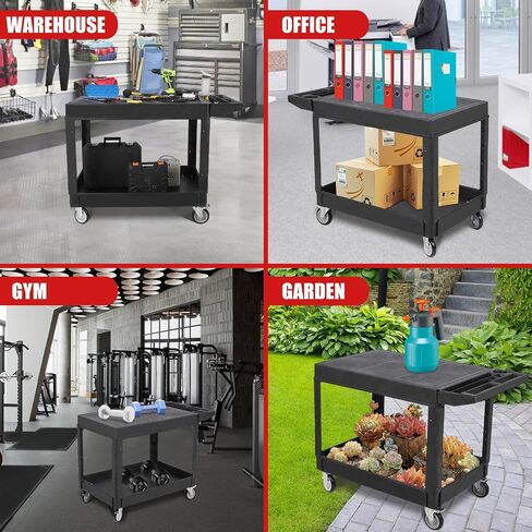Utility Service Cart Flat top, 550 LBS Heavy Duty Plastic Rolling Utility Cart with 360°Swivel Wheels (2 with Brakes), 2 Shelves Work Cart Ergonomic Storage Handle for Warehouse Garage in Saudi Arabia