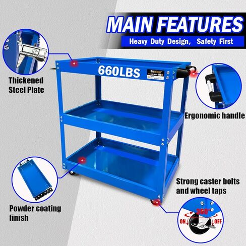 عربة أدوات دوارة من 3 طبقات، عربة أدوات ميكانيكية معدنية سميكة بوزن 660 رطل على عجلات، عربات دوارة شديدة التحمل مع عجلات، عربات خدمة المرافق للميكانيكيين، ورشة إصلاح المرآب والمستودعات in Kuwait
