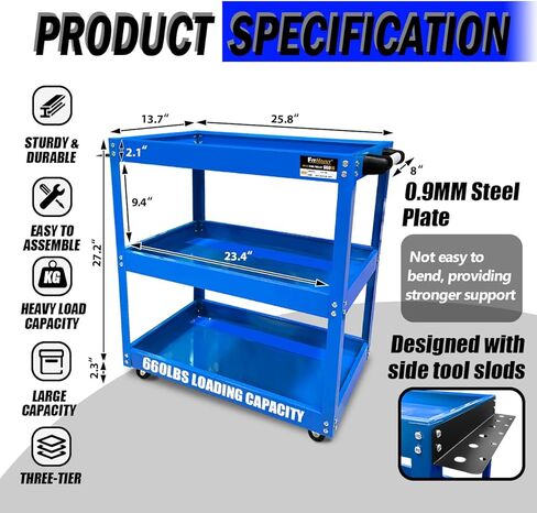 عربة أدوات دوارة من 3 طبقات، عربة أدوات ميكانيكية معدنية سميكة بوزن 660 رطل على عجلات، عربات دوارة شديدة التحمل مع عجلات، عربات خدمة المرافق للميكانيكيين، ورشة إصلاح المرآب والمستودعات in Kuwait