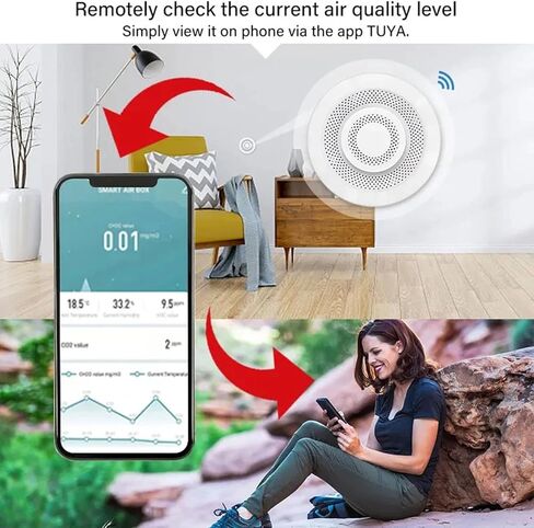 مراقب جودة الهواء الذكي: جهاز قياس جودة الهواء الداخلي واي فاي يكتشف CH2O، ثاني أكسيد الكربون، المركبات العضوية المتطايرة، درجة الحرارة والرطوبة، التحكم في التطبيق، جهاز مراقبة الرطوبة بمقياس الحرارة لأتمتة المنزل الذكي in Kuwait