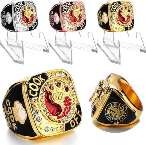 3 Sets Chili Cook off Championship Trophy Ring 1st, 2nd, 3rd Place Medal Etched on Side with Acrylic Display Stand Chili Cook off Championship Trophy Prize Award Ceremony Decorations in Saudi Arabia