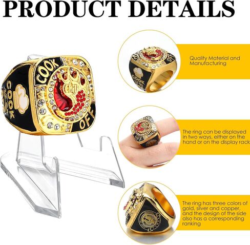3 Sets Chili Cook off Championship Trophy Ring 1st, 2nd, 3rd Place Medal Etched on Side with Acrylic Display Stand Chili Cook off Championship Trophy Prize Award Ceremony Decorations in Saudi Arabia