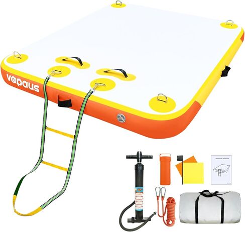 منصة سباحة عائمة قابلة للنفخ من vapaus، منصة سباحة على شكل جزيرة عائمة مع سلم حبل لحمام السباحة والشاطئ والاسترخاء في حمامات الشمس (مزيج برتقالي أصفر، 5 أقدام × 6 أقدام × 6 بوصات) in Kuwait