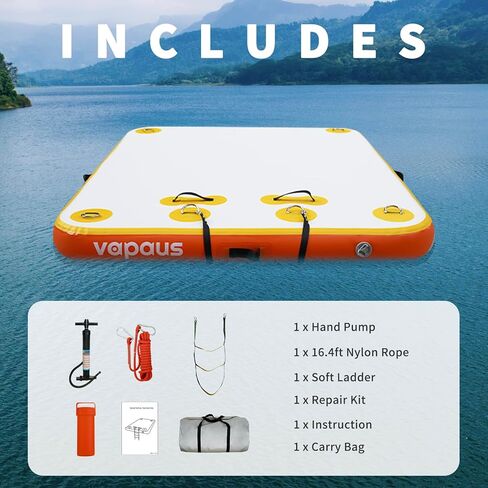 منصة سباحة عائمة قابلة للنفخ من vapaus، منصة سباحة على شكل جزيرة عائمة مع سلم حبل لحمام السباحة والشاطئ والاسترخاء في حمامات الشمس (مزيج برتقالي أصفر، 5 أقدام × 6 أقدام × 6 بوصات) in Kuwait