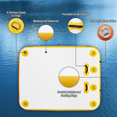منصة سباحة عائمة قابلة للنفخ من vapaus، منصة سباحة على شكل جزيرة عائمة مع سلم حبل لحمام السباحة والشاطئ والاسترخاء في حمامات الشمس (مزيج برتقالي أصفر، 5 أقدام × 6 أقدام × 6 بوصات) in Kuwait