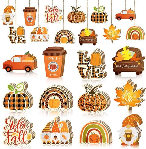 BBTO 36 Pack Fall Thanksgiving Wooden Ornaments Autumn Pumpkin Gnome Leaf Truck Cutouts Hello Decorations Hanging with Hole Ropes for Harvest Party (Exquisite), Yellow,Orange,Brown in Saudi Arabia