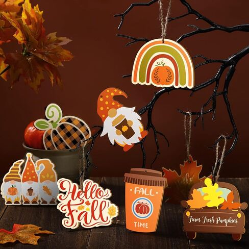 BBTO 36 Pack Fall Thanksgiving Wooden Ornaments Autumn Pumpkin Gnome Leaf Truck Cutouts Hello Decorations Hanging with Hole Ropes for Harvest Party (Exquisite), Yellow,Orange,Brown in Saudi Arabia