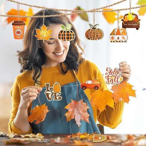 BBTO 36 Pack Fall Thanksgiving Wooden Ornaments Autumn Pumpkin Gnome Leaf Truck Cutouts Hello Decorations Hanging with Hole Ropes for Harvest Party (Exquisite), Yellow,Orange,Brown in Saudi Arabia