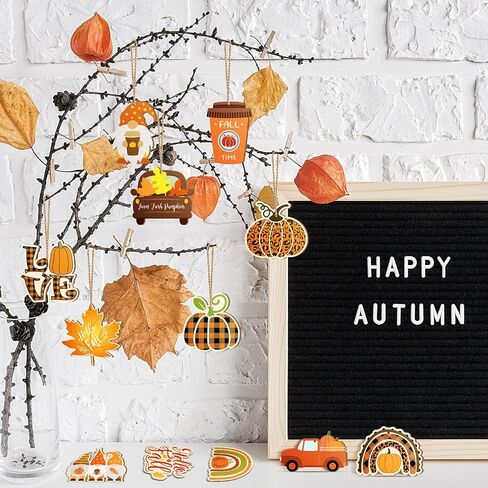BBTO 36 Pack Fall Thanksgiving Wooden Ornaments Autumn Pumpkin Gnome Leaf Truck Cutouts Hello Decorations Hanging with Hole Ropes for Harvest Party (Exquisite), Yellow,Orange,Brown in Saudi Arabia