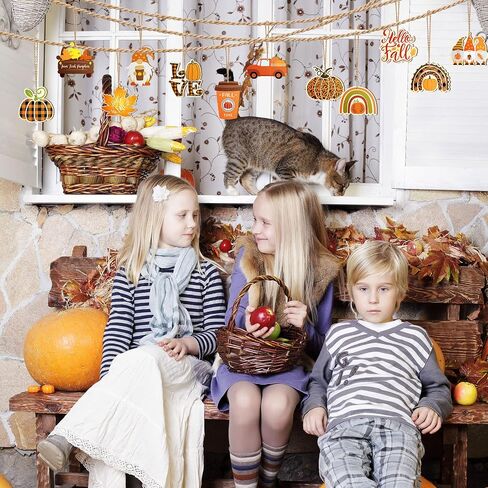 BBTO 36 Pack Fall Thanksgiving Wooden Ornaments Autumn Pumpkin Gnome Leaf Truck Cutouts Hello Decorations Hanging with Hole Ropes for Harvest Party (Exquisite), Yellow,Orange,Brown in Saudi Arabia